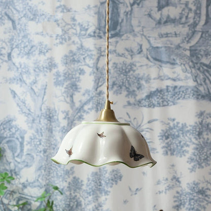 Traditional Japanese Skirt Butterfly Ceramic Copper 1-Light Pendant Light For Living Room