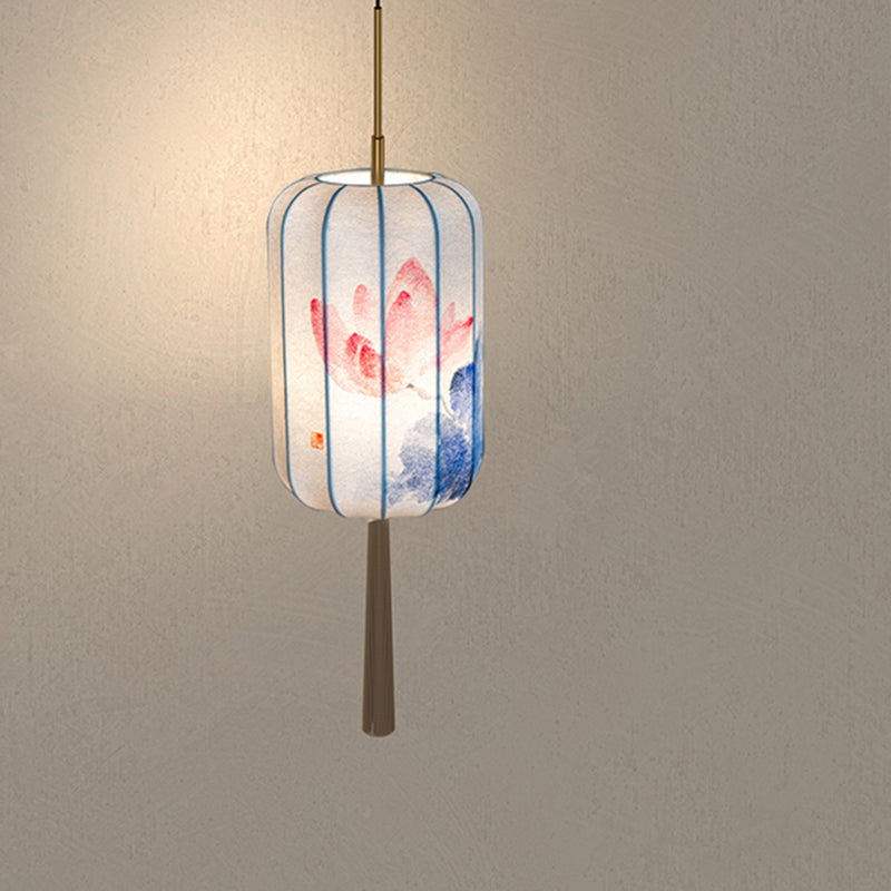 Traditional Chinese Lantern Pine Green Bamboo Lotus Flower Violet Cotton Linen Ash Wood 1-Light Pendant Light For Bedroom