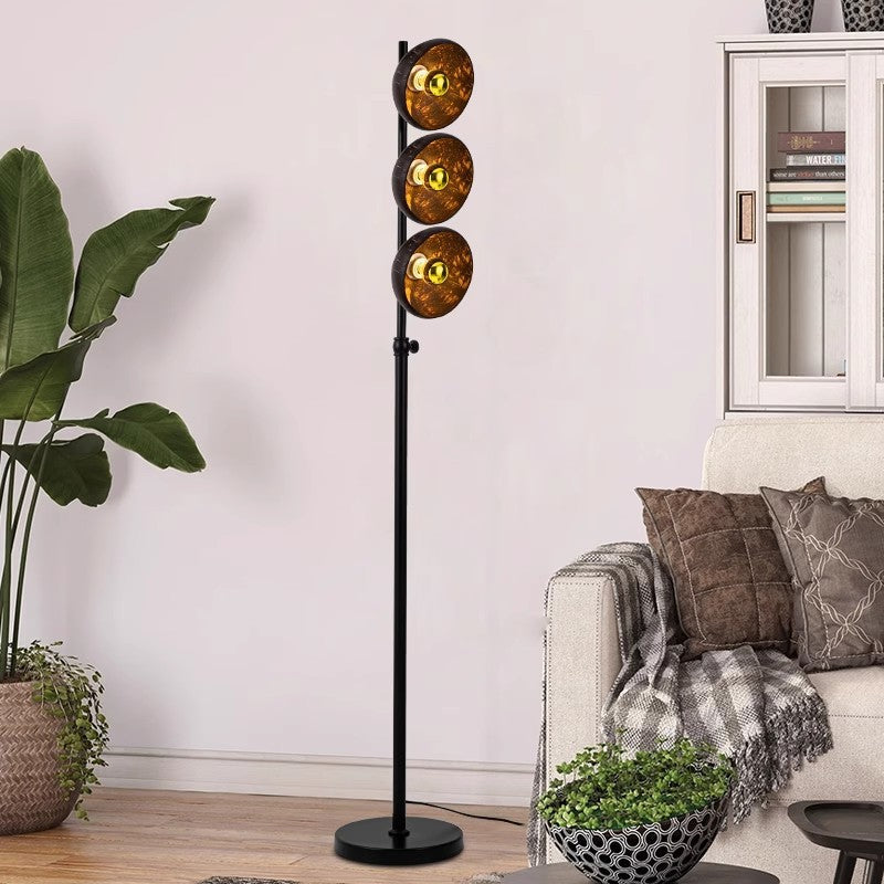 Traditional Vintage Rotatable Coconut Shell Round Metal 3-Light Standing Floor Lamp For Living Room