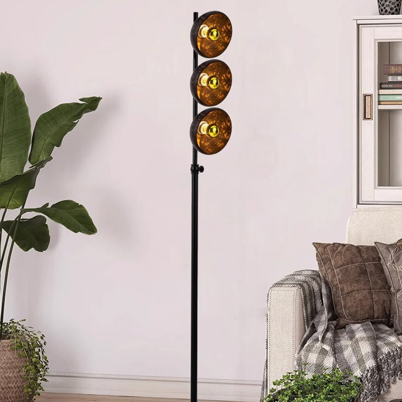 Traditional Vintage Rotatable Coconut Shell Round Metal 3-Light Standing Floor Lamp For Living Room