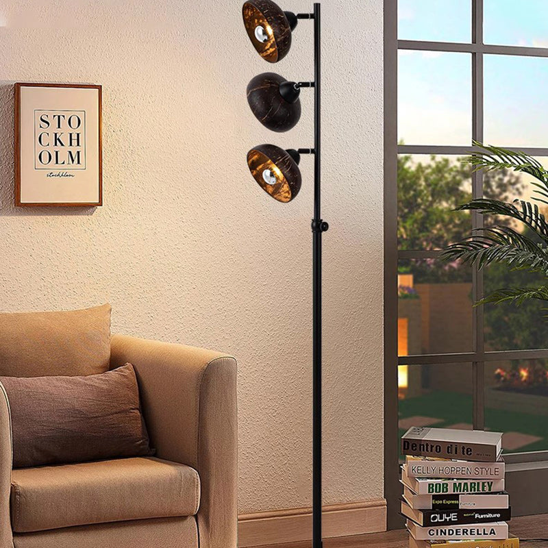 Traditional Vintage Rotatable Coconut Shell Round Metal 3-Light Standing Floor Lamp For Living Room