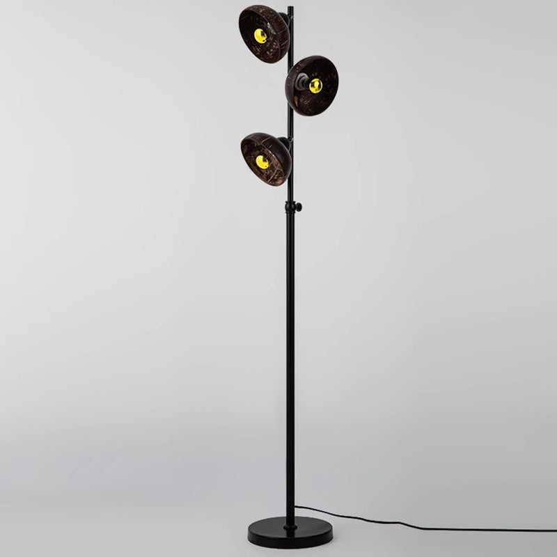 Traditional Vintage Rotatable Coconut Shell Round Metal 3-Light Standing Floor Lamp For Living Room
