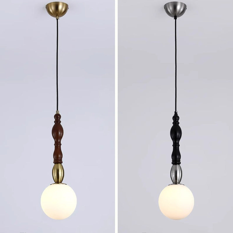 Traditional Vintage Orb Long Glass Ash Wood Hardware 1-Light Pendant Light For Living Room