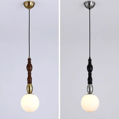 Traditional Vintage Orb Long Glass Ash Wood Hardware 1-Light Pendant Light For Living Room