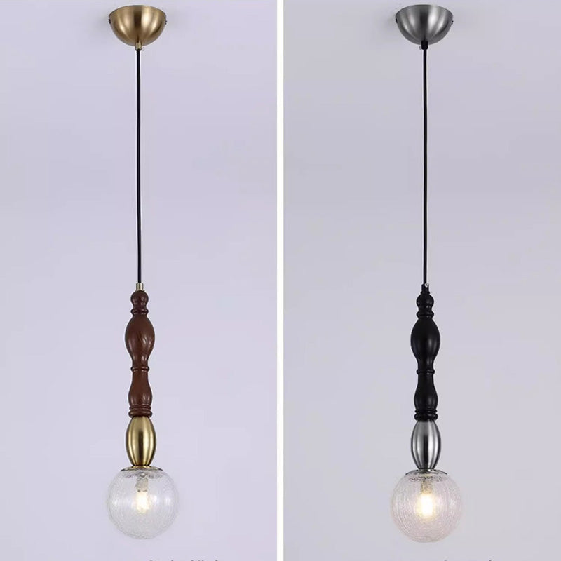Traditional Vintage Orb Long Glass Ash Wood Hardware 1-Light Pendant Light For Living Room