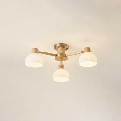 Contemporary Scandinavian Semi-Round Branch Glass Wood 3/6/8 Light Semi-Flush Mount Ceiling Light For Bedroom