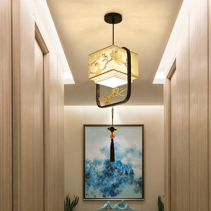 Traditional Chinese Square Flower Lantern Fabric Iron 1-Light Pendant Light For Living Room