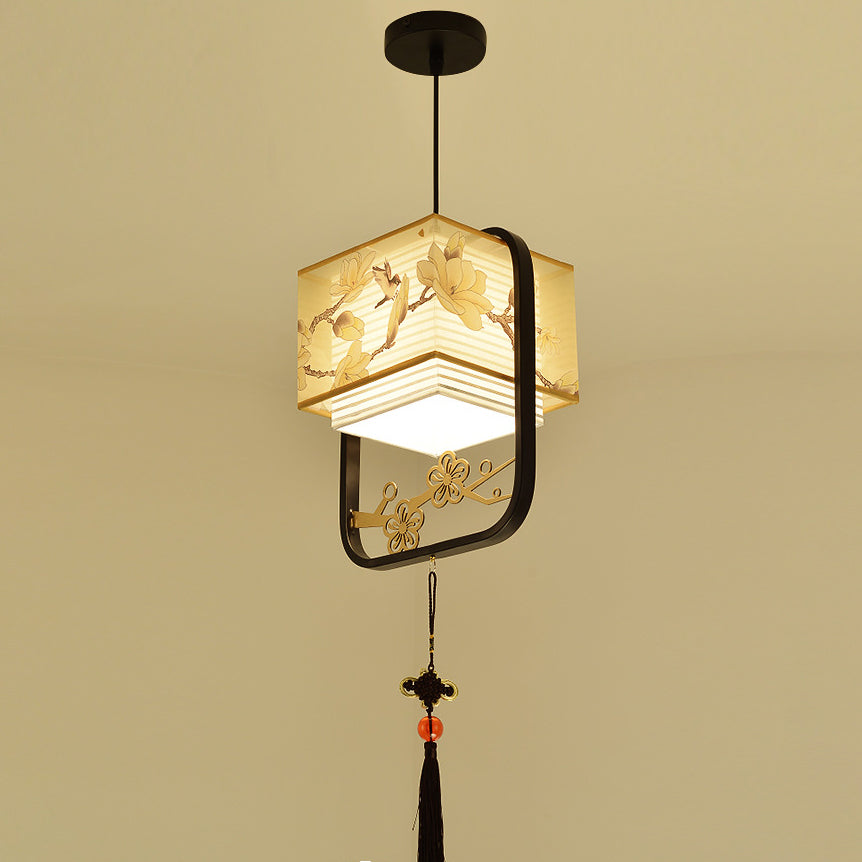 Traditional Chinese Square Flower Lantern Fabric Iron 1-Light Pendant Light For Living Room