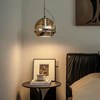 Traditional Vintage Orb Round Glass Iron 1-Light Pendant Light For Living Room