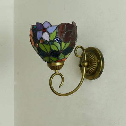 Traditional Tiffany Flower Pod Round Glass Iron 1-Light Wall Sconce Lamp For Living Room