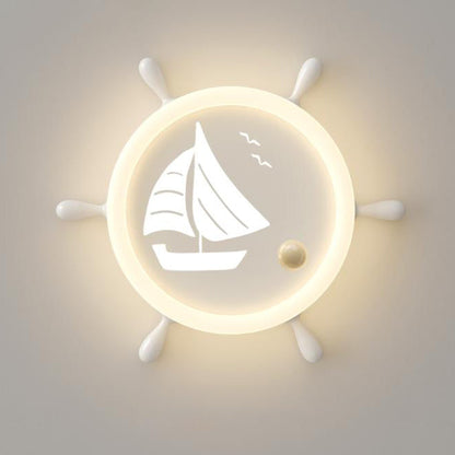Modern Art Deco Helm Sailboat Round Acrylic Iron LED Flush Mount Ceiling Light For Bedroom