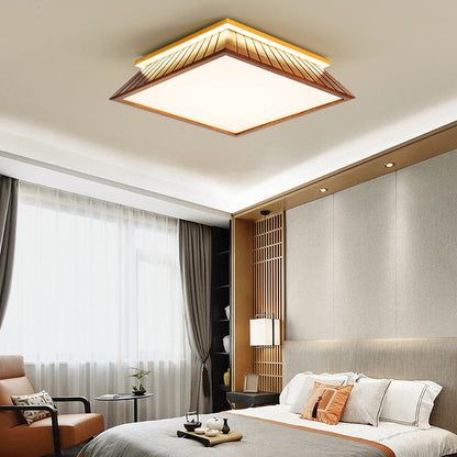 伝統的な中国風屋根のスクエア型アクリル無垢材金具 LEDフラッシュマウント天井照明 寝室用