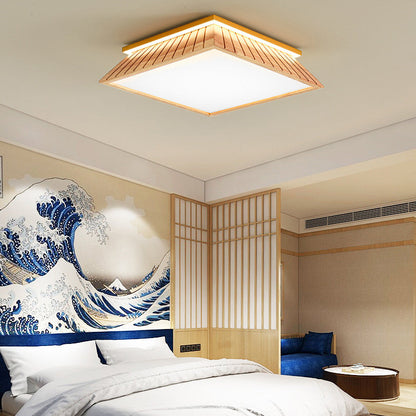 伝統的な中国風屋根のスクエア型アクリル無垢材金具 LEDフラッシュマウント天井照明 寝室用
