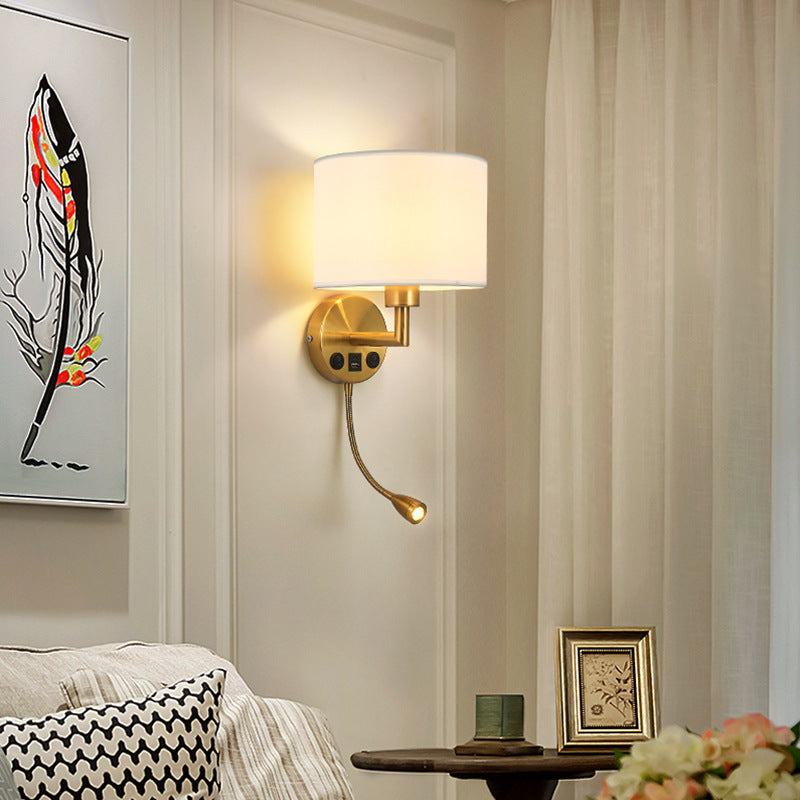 Modern Minimalist Round Column Fabric Iron 1-Light Wall Sconce Lamp For Living Room