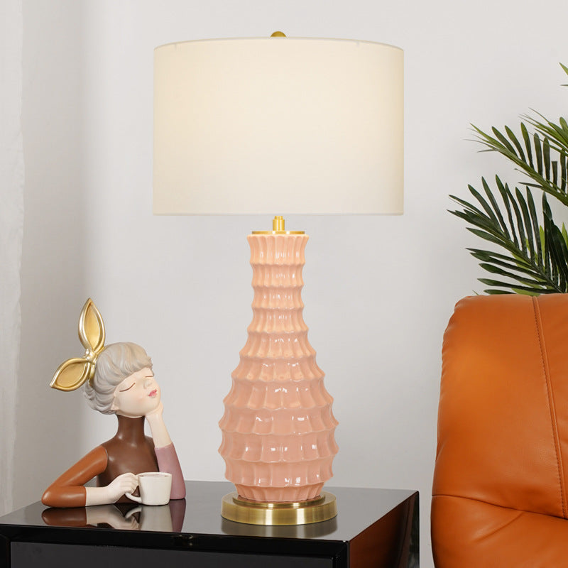 Contemporary Scandinavian Round Cylinder Fabric Ceramic Hardware 1-Light Table Lamp For Living Room