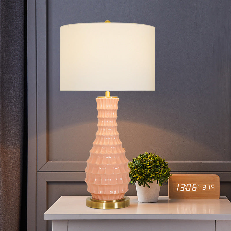 Contemporary Scandinavian Round Cylinder Fabric Ceramic Hardware 1-Light Table Lamp For Living Room
