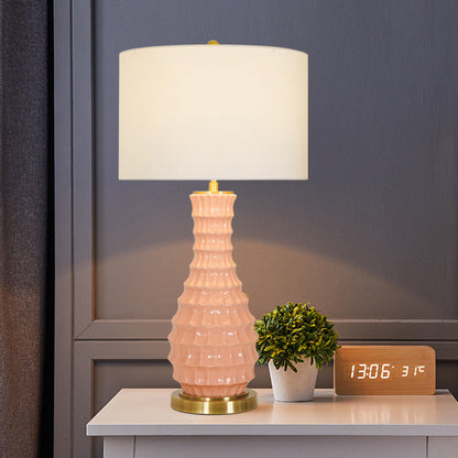 Contemporary Scandinavian Round Cylinder Fabric Ceramic Hardware 1-Light Table Lamp For Living Room