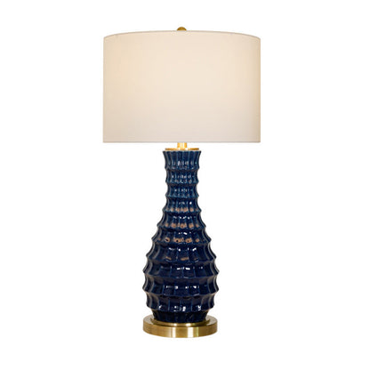 Contemporary Scandinavian Round Cylinder Fabric Ceramic Hardware 1-Light Table Lamp For Living Room