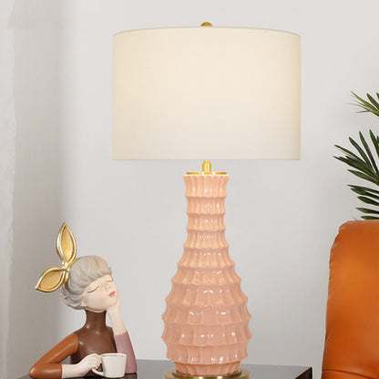 Contemporary Scandinavian Round Cylinder Fabric Ceramic Hardware 1-Light Table Lamp For Living Room
