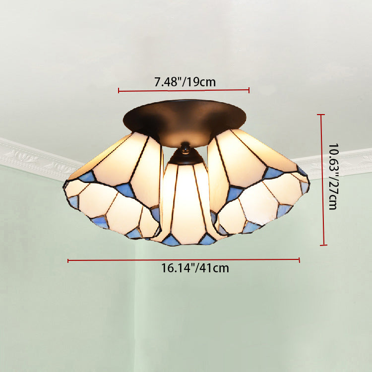 Traditional Vintage Flared Branch Glass Iron 3-Light Semi-Flush Mount Ceiling Light For Bedroom