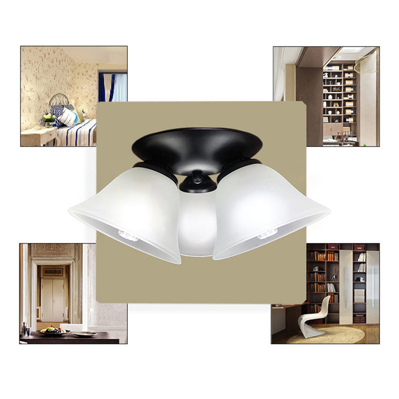 Traditional Vintage Flared Branch Glass Iron 3-Light Semi-Flush Mount Ceiling Light For Bedroom