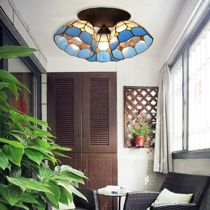 Traditional Vintage Flared Branch Glass Iron 3-Light Semi-Flush Mount Ceiling Light For Bedroom