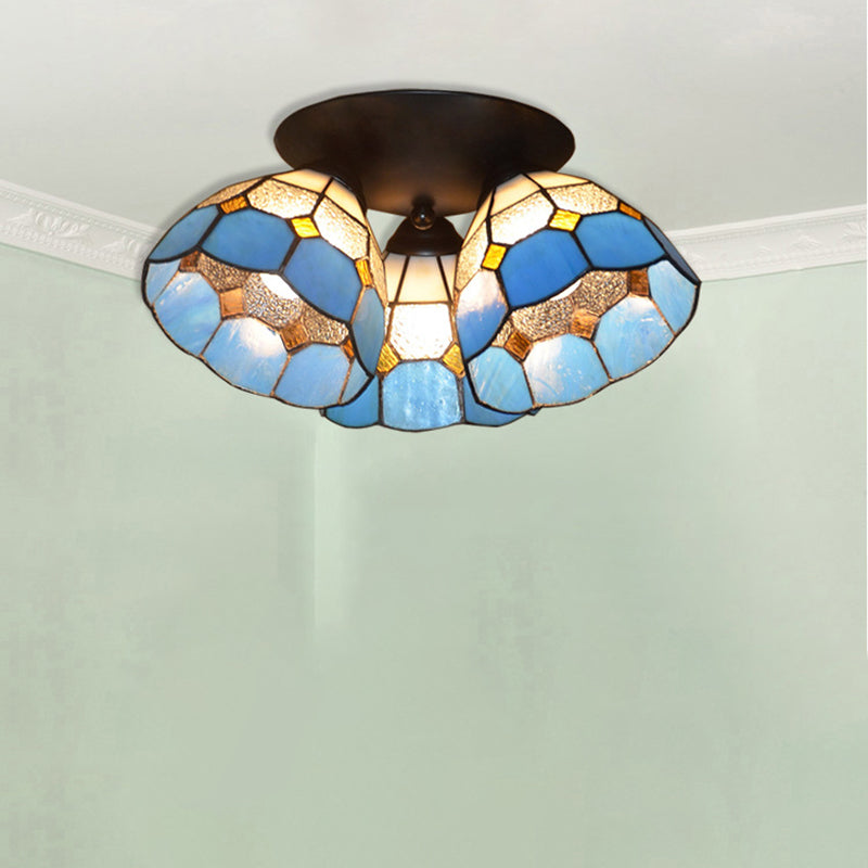 Traditional Vintage Flared Branch Glass Iron 3-Light Semi-Flush Mount Ceiling Light For Bedroom