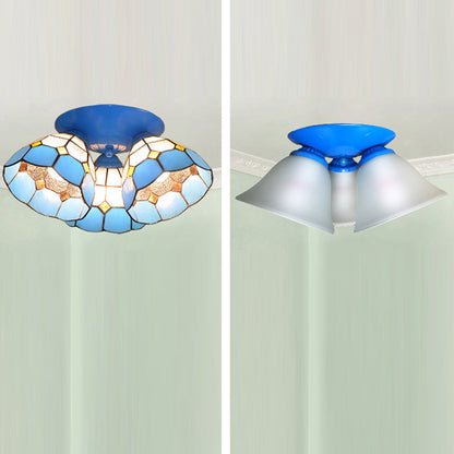 Traditional Vintage Flared Branch Glass Iron 3-Light Semi-Flush Mount Ceiling Light For Bedroom