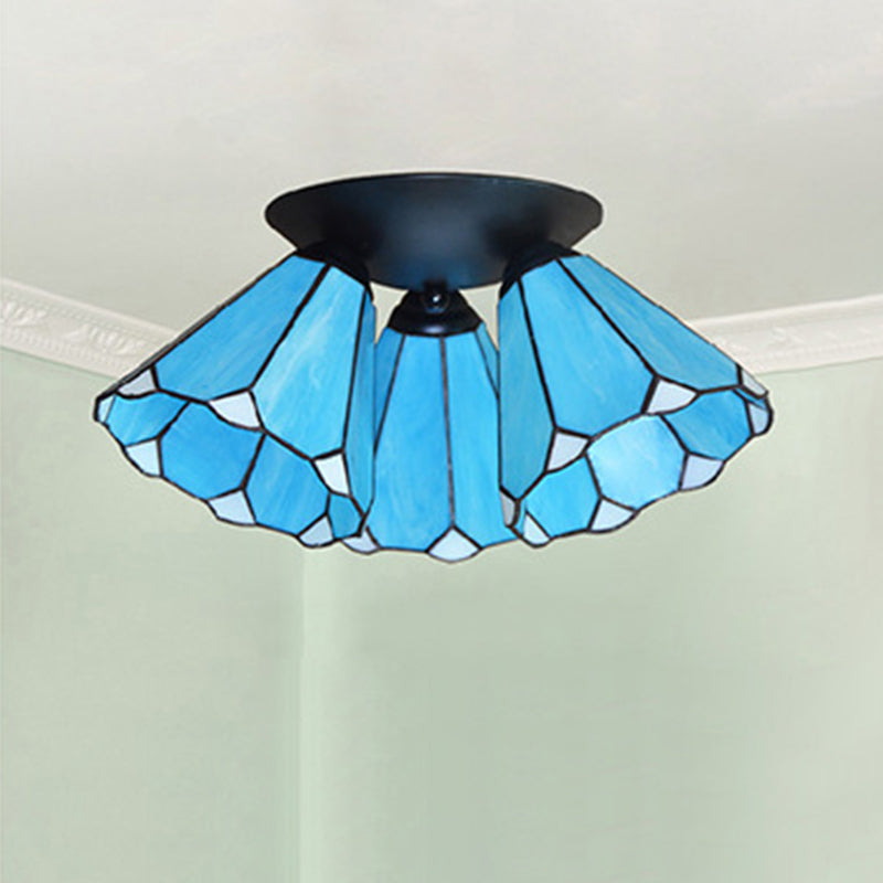 Traditional Vintage Flared Branch Glass Iron 3-Light Semi-Flush Mount Ceiling Light For Bedroom