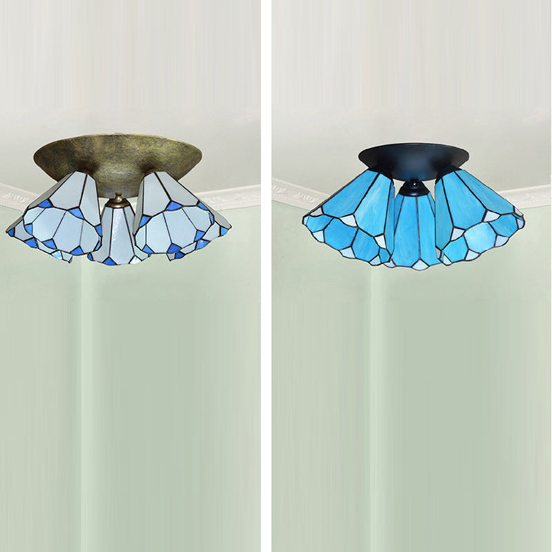 Traditional Vintage Flared Branch Glass Iron 3-Light Semi-Flush Mount Ceiling Light For Bedroom