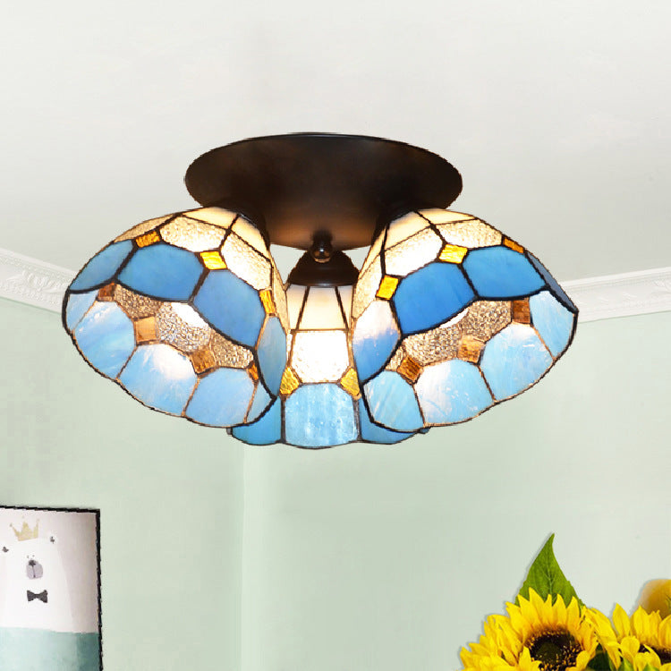 Traditional Vintage Flared Branch Glass Iron 3-Light Semi-Flush Mount Ceiling Light For Bedroom