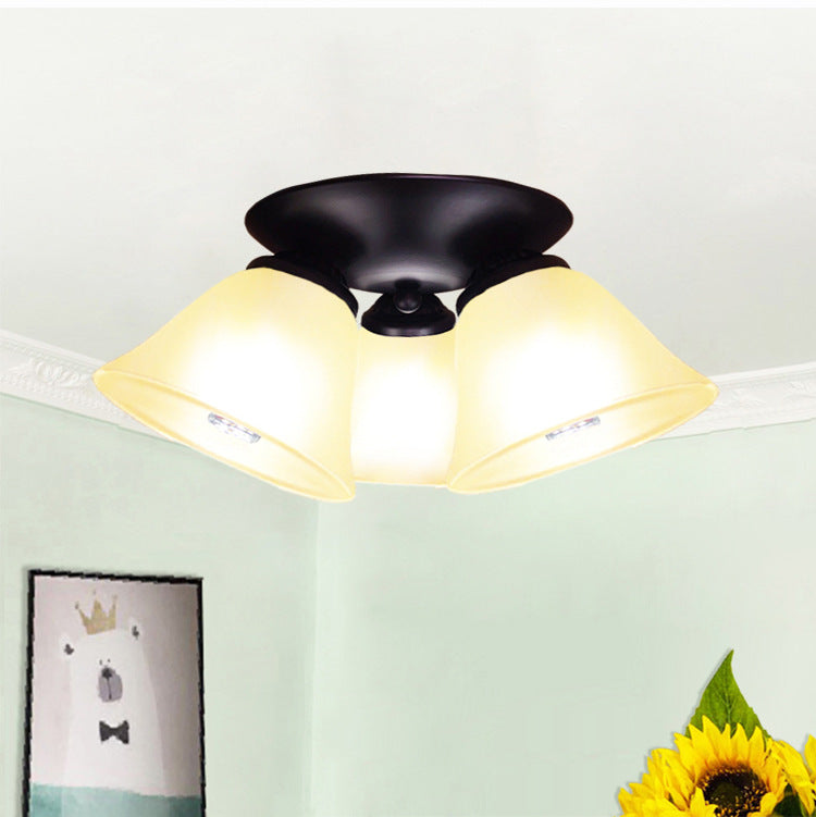 Traditional Vintage Flared Branch Glass Iron 3-Light Semi-Flush Mount Ceiling Light For Bedroom