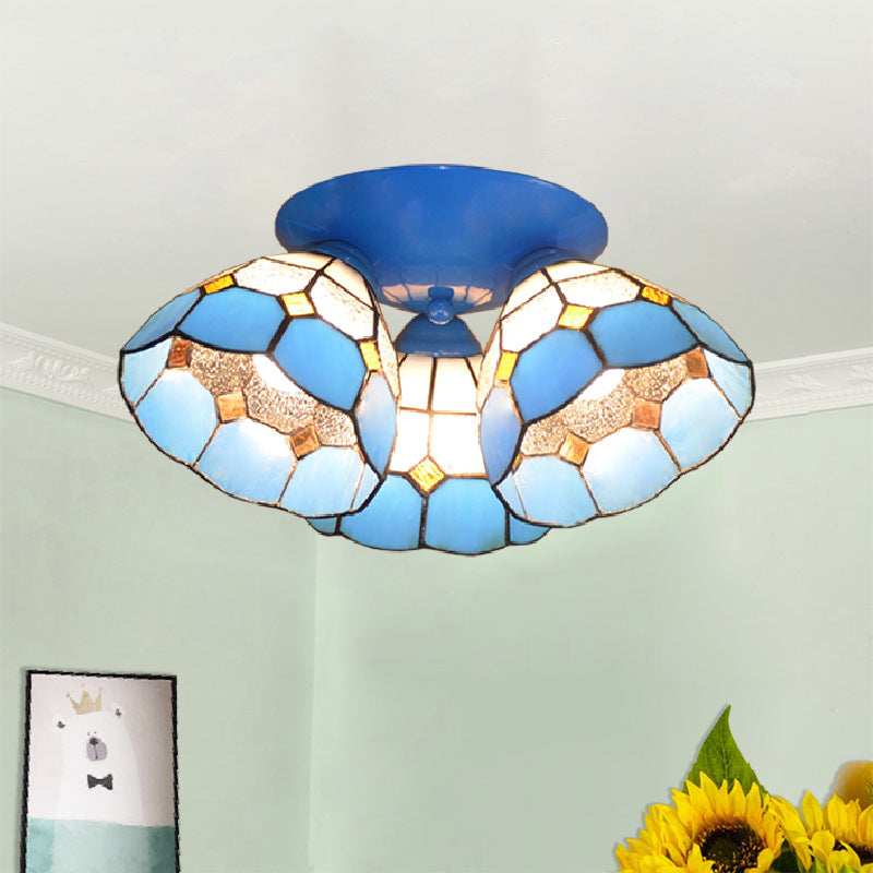 Traditional Vintage Flared Branch Glass Iron 3-Light Semi-Flush Mount Ceiling Light For Bedroom