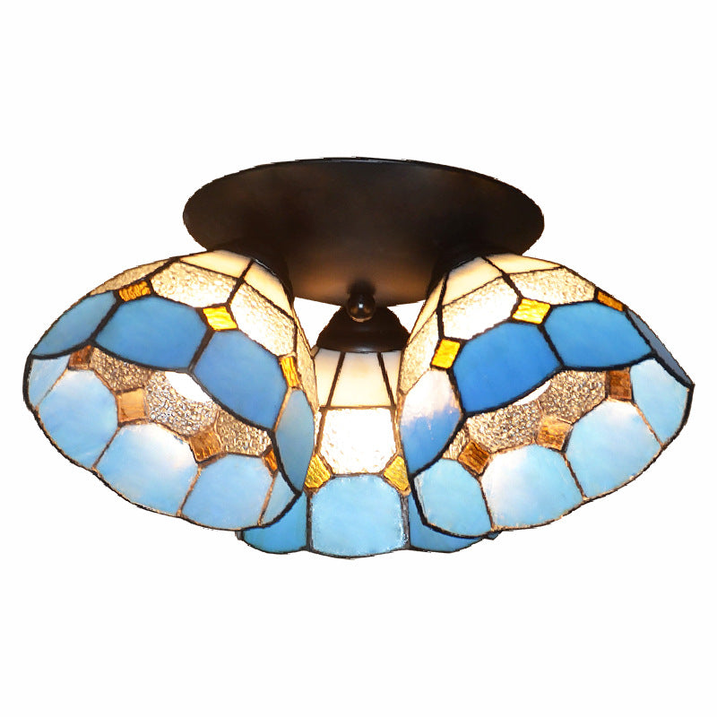Traditional Vintage Flared Branch Glass Iron 3-Light Semi-Flush Mount Ceiling Light For Bedroom