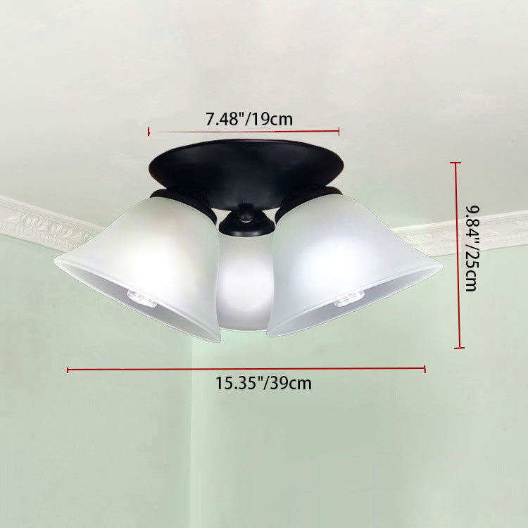 Traditional Vintage Flared Branch Glass Iron 3-Light Semi-Flush Mount Ceiling Light For Bedroom