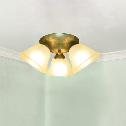 Traditional Vintage Flared Branch Glass Iron 3-Light Semi-Flush Mount Ceiling Light For Bedroom