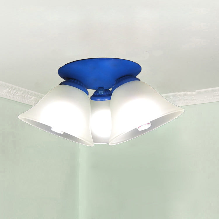 Traditional Vintage Flared Branch Glass Iron 3-Light Semi-Flush Mount Ceiling Light For Bedroom