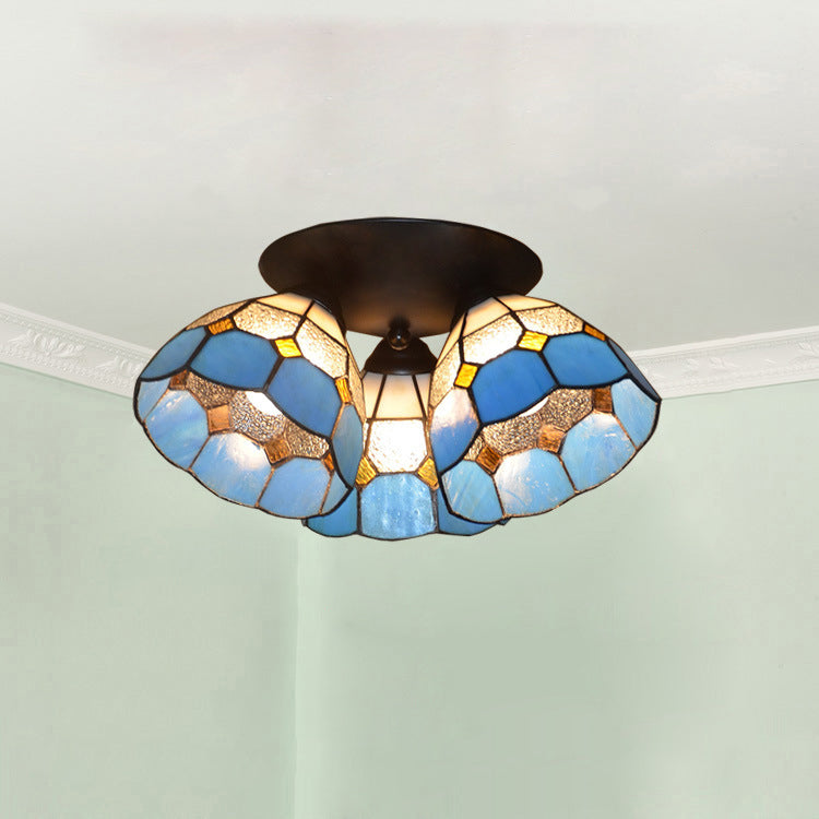 Traditional Vintage Flared Branch Glass Iron 3-Light Semi-Flush Mount Ceiling Light For Bedroom