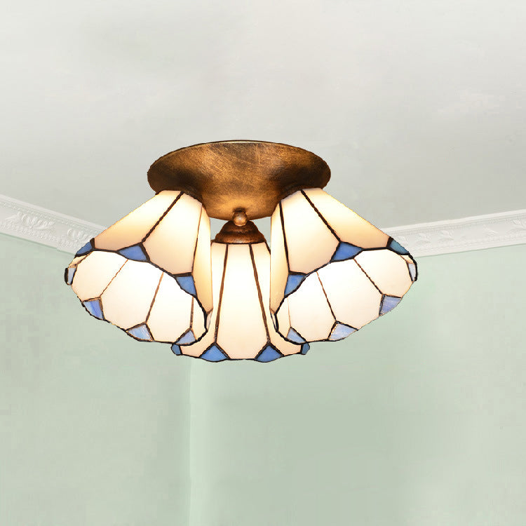Traditional Vintage Flared Branch Glass Iron 3-Light Semi-Flush Mount Ceiling Light For Bedroom
