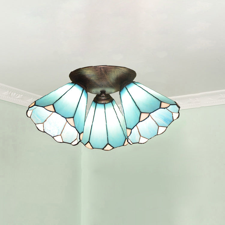 Traditional Vintage Flared Branch Glass Iron 3-Light Semi-Flush Mount Ceiling Light For Bedroom