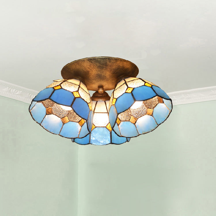 Traditional Vintage Flared Branch Glass Iron 3-Light Semi-Flush Mount Ceiling Light For Bedroom