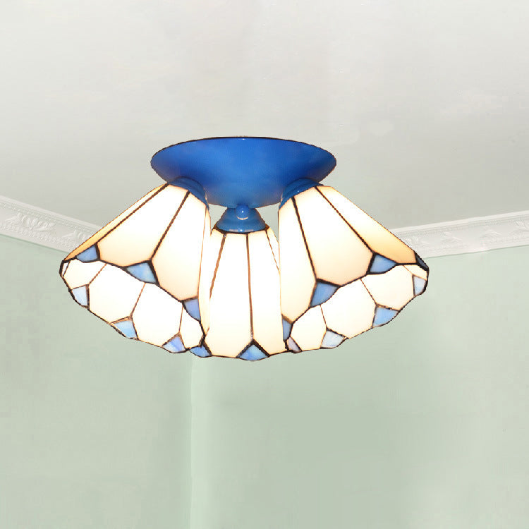Traditional Vintage Flared Branch Glass Iron 3-Light Semi-Flush Mount Ceiling Light For Bedroom