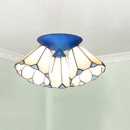 Traditional Vintage Flared Branch Glass Iron 3-Light Semi-Flush Mount Ceiling Light For Bedroom