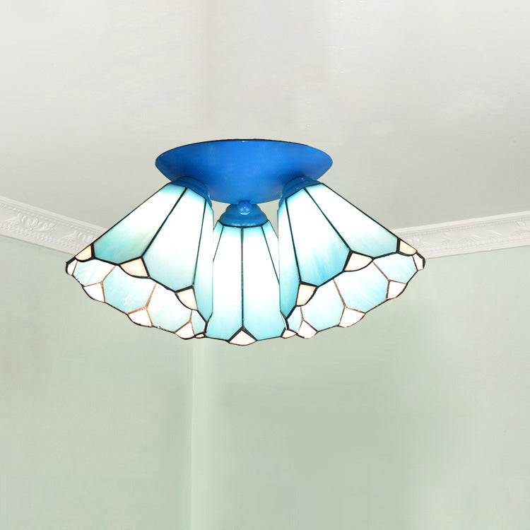 Traditional Vintage Flared Branch Glass Iron 3-Light Semi-Flush Mount Ceiling Light For Bedroom