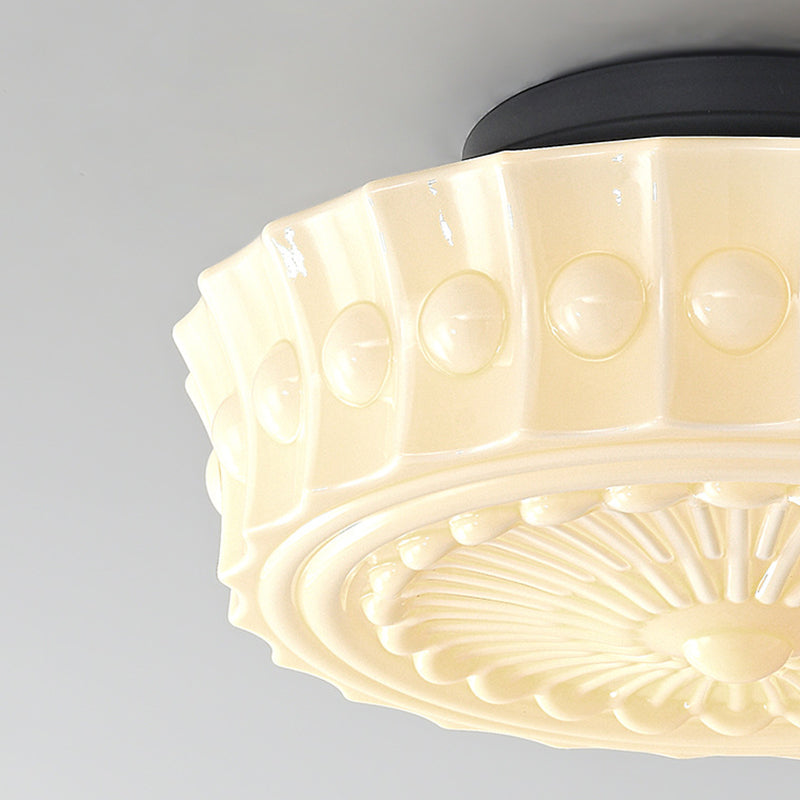 Traditional Vintage Round Pattern Glass Iron LED Semi-Flush Mount Ceiling Light For Bedroom