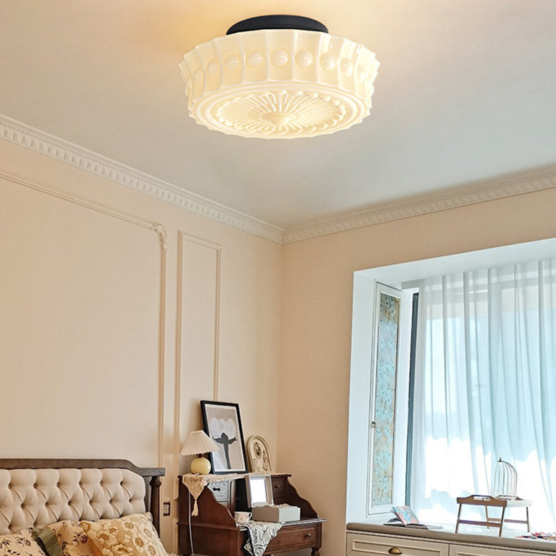 Traditional Vintage Round Pattern Glass Iron LED Semi-Flush Mount Ceiling Light For Bedroom