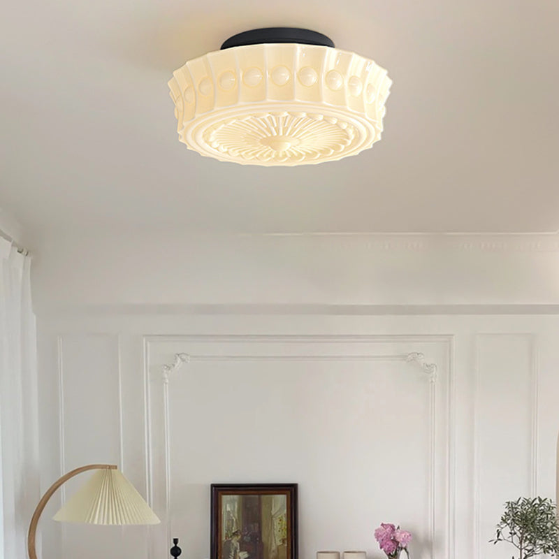 Traditional Vintage Round Pattern Glass Iron LED Semi-Flush Mount Ceiling Light For Bedroom
