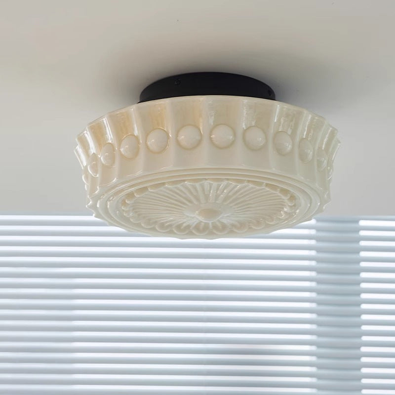 Traditional Vintage Round Pattern Glass Iron LED Semi-Flush Mount Ceiling Light For Bedroom