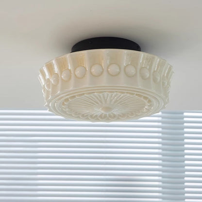 Traditional Vintage Round Pattern Glass Iron LED Semi-Flush Mount Ceiling Light For Bedroom