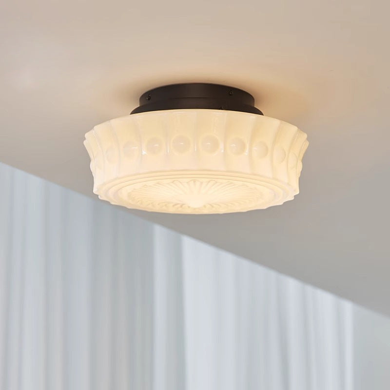 Traditional Vintage Round Pattern Glass Iron LED Semi-Flush Mount Ceiling Light For Bedroom